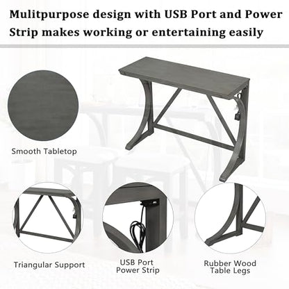 RuiSiSi 3 Piece Counter Height Dining Set, Farmhouse Kitchen Table Set with USB Port and 2 Upholstered Stools, Breakfast Nook Set for Kitchen, Dining Room, Living Room, Grey
