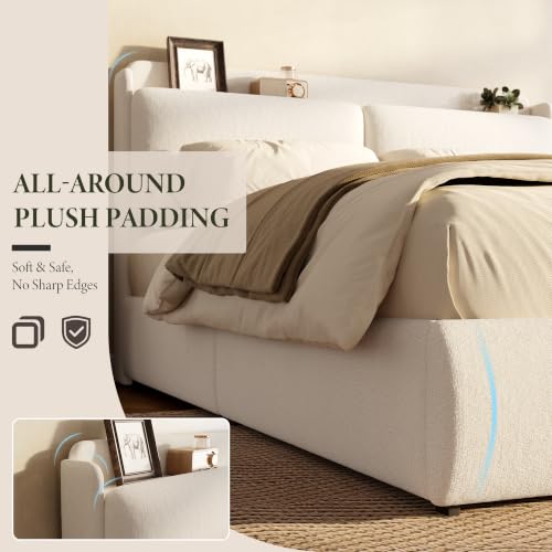 Chenille Fabric Queen Size Bed Frame with 2 Storage Drawers - Beige, view 4