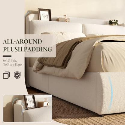Chenille Fabric Queen Size Bed Frame with 2 Storage Drawers - Beige, view 4