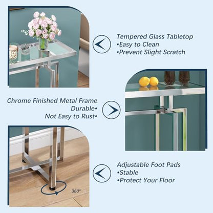 Glass Console Table for Entryway, Modern Entryway Table with Tempered Glass & Chrome Frame, Silver Sofa Table for Living Room Hallway