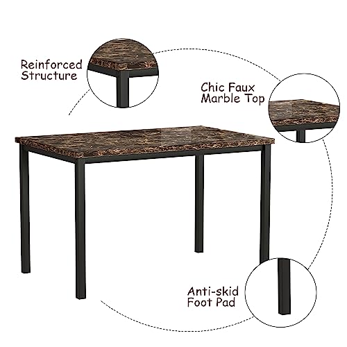 Dining Table Set for 4, Modern Kitchen & Dining Room Sets Faux Marble Table with 4 Leather Chairs for Small Space, Home Kitchen, Apartment, Brown