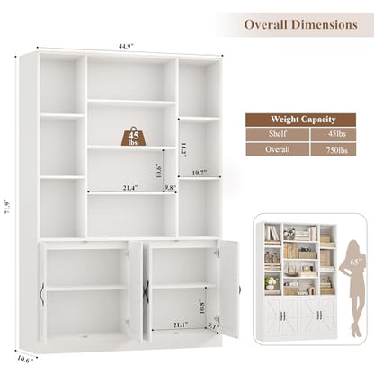 72" Tall Bookshelf, Large Farmhouse Bookcase with Storage, White, view 4