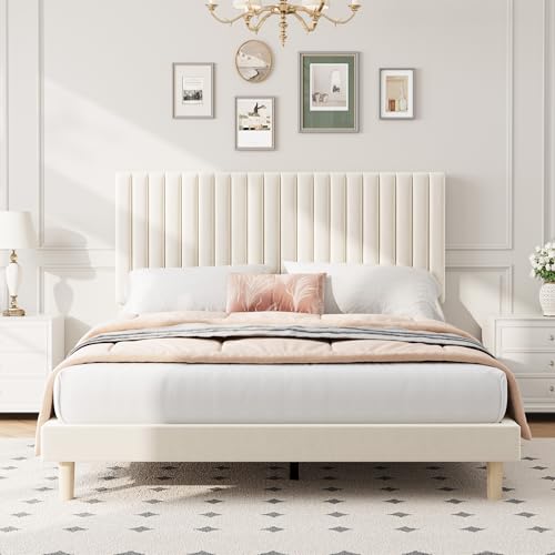 Full Bed Frame with Adjustable Headboard, Velvet Upholstered Platform Bed, view 4
