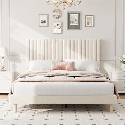 Full Bed Frame with Adjustable Headboard, Velvet Upholstered Platform Bed, view 4