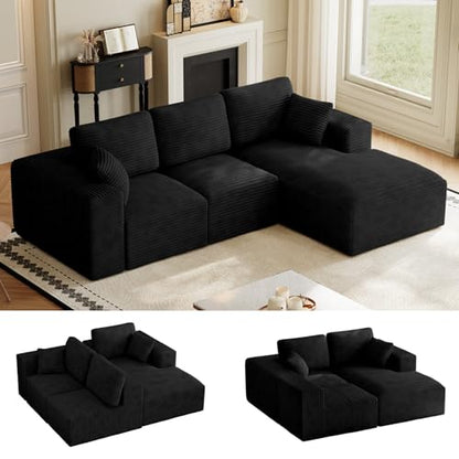 109" L-Shaped Boneless Cloud Sectional Couches, Comfy Corduroy Fluffy Modular Sectional Sofa with Right-Facing Chaise, Deep Seat Memory Foam Plush Couch for Living Room, Small Spaces, Black
