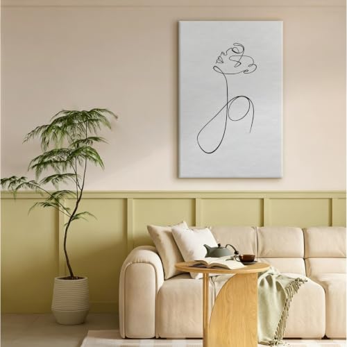 Single Rose Continuous Line Drawing Wall Art Canvas Print, minimal floral line art artwork in black line on white for bedroom, bedroom, office, apartment, modern farmhouse(24x36Inch,Black Framed