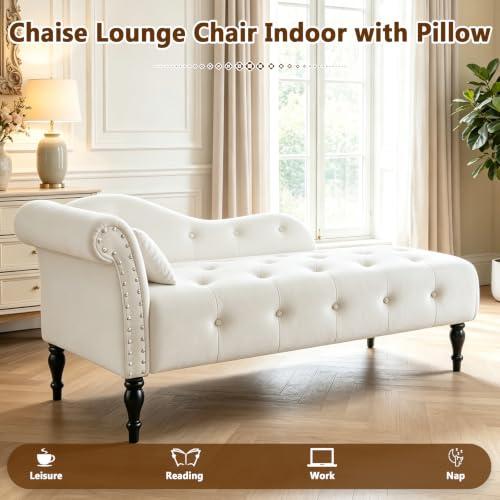 Velvet Upholstered Chaise Lounge Chair Indoor with Pillow, view 4
