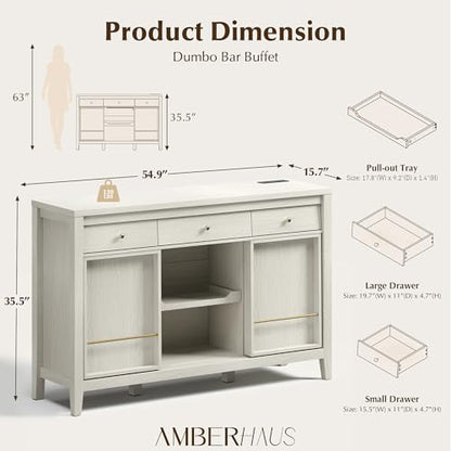 Buffet Cabinet with Storage, Modern Sideboard Cabinet with 3 Drawers, 2 Sliding Doors & Pull-Out Shelf, Coffee Bar Cabinet with Charging Station, White
