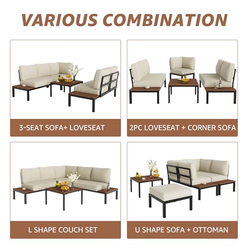 Outdoor Furniture Set, L Shape Patio Sectional, Metal Corner Couch Sofa Set with Side Tables, Detachable Backrest, Fauxwood Coffee Table, Beige Olefin Cushions for Garden Deck