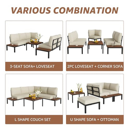 Outdoor Furniture Set, L Shape Patio Sectional, Metal Corner Couch Sofa Set with Side Tables, Detachable Backrest, Fauxwood Coffee Table, Beige Olefin Cushions for Garden Deck