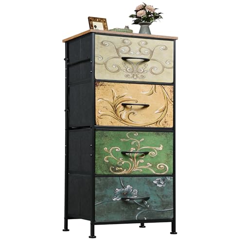 Dresser with 4 Drawers, Storage Tower, Organizer Unit, Fabric Dresser for Bedroom, Hallway, Entryway, Closets, Vintage Furniture with Sturdy Steel Frame, Wood Top, Pull Handle, Floral Painted