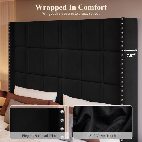 Queen Floating Bed Frame with 72.44" Extra-Tall Headboard, Black, view 6