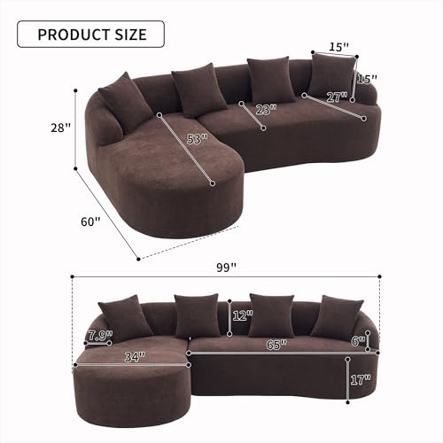 99" Curved Sectional Sofa with Chaise, Modern Luxury Chenille Cloud Couch for Living Room, Heavy Duty Oversized Deep Seat 3-Seater, 700lbs/Seat Weight Capacity, No Assembly, Brown