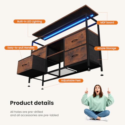TV Stand with LED Lights and Power Outlets for Bedroom, view 5