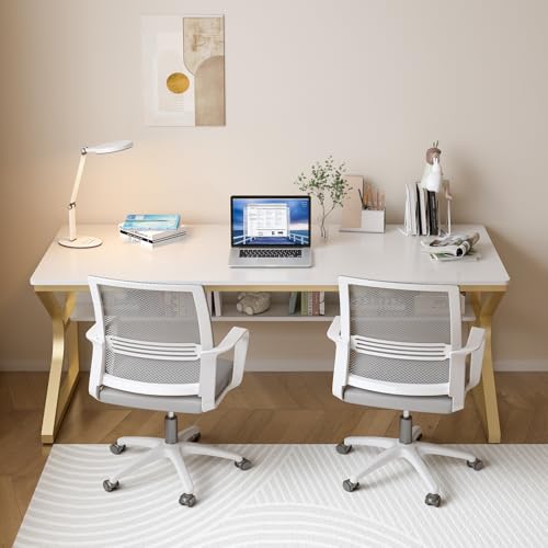 Extra Long Desk with Bookshelf - 63" Double Long Writing Table for 2-Person Workstation, Modern Study Work Computer Desk for Home and Office, Gold