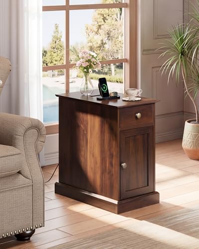 End Table with Charging Station, Narrow Side Table with Drawer & Cabinet, Side Table with Adjustable Shelf for Living Room/Bedroom, Wooden Nightstand with Hidden USB Ports and Outlets, Espresso