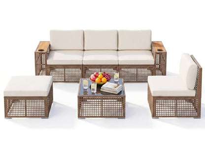Patio Furniture Set,6 Pieces Outdoor Sectional Sofa with Cup Holder and 7.87in Wider Armrest, PE Wicker Backyard Couch Set with Coffee Table&Glass Tabletop for Deck, Porch（6 pcs）