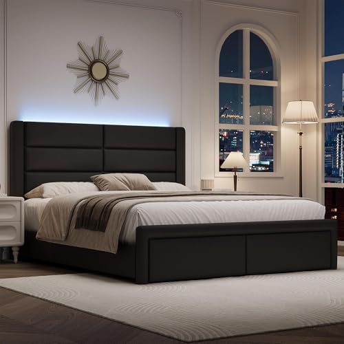 Modern Black Faux Leather Bed Frame with LED Lights, view 2
