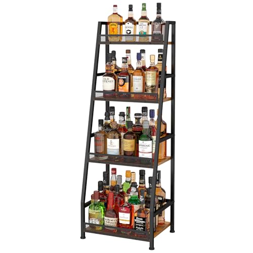 4-Tier Trapezoid Liquor Stand for Home Bar, Stepped Wine Rack Freestanding Floor Liquor Cabinet for Whiskey Wine, Versatile Corner Wine Bottle Display Stand with Fences, Vintage Brown（Patent Pending）