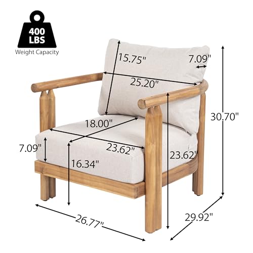 Cove Acacia Wood Lounge Chair Outdoor with Removable Cushion, Solid Wood Patio Accent Chair, Patio Furniture Outdoor Club Chair, Light Teak+Beige