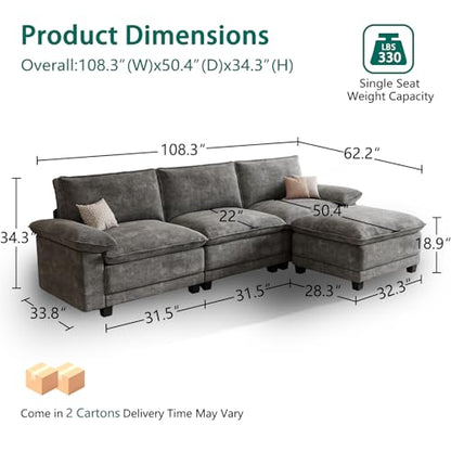 Modern L Shaped Sofa Couches for Living Room, Modular Sectional Cloud Couch with Movable Ottoman, Comfy Chenille Sofa for Apartment and Small Space, Dark Gray