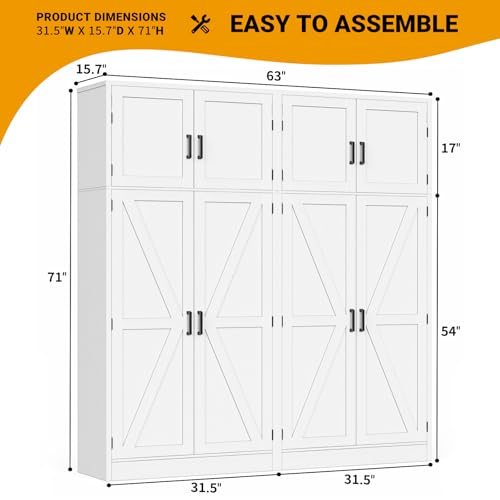 71” Tall Storage Cabinet, Farmhouse Kitchen Pantry Cabinet with Adjustable Shelves and Barn Doors, Large Bathroom Storage Cabinet, Storage Cupboard for Dinning, Living Room, Office, 2 Pack