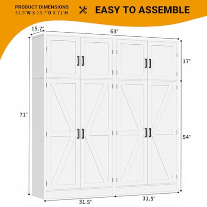 71” Tall Storage Cabinet, Farmhouse Kitchen Pantry Cabinet with Adjustable Shelves and Barn Doors, Large Bathroom Storage Cabinet, Storage Cupboard for Dinning, Living Room, Office, 2 Pack
