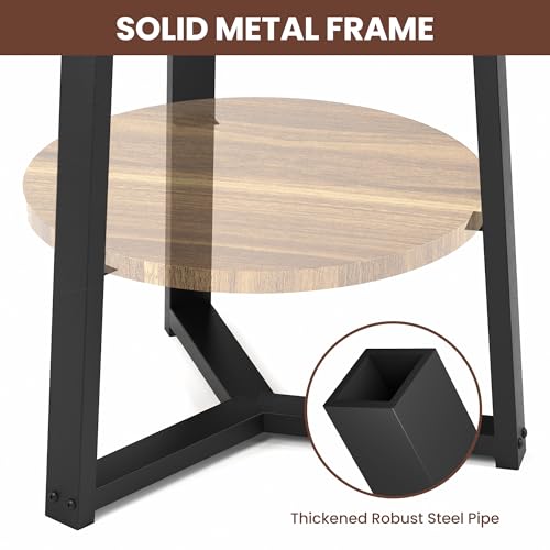 PPAMAPIC Round End Table, 2 Tier Side Table with Storage Shelf, Nightstand Accent Table for Living Room Bedroom Small Space, Black Metal Frame, 19.7" D x 23.6" H, Rustic Brown