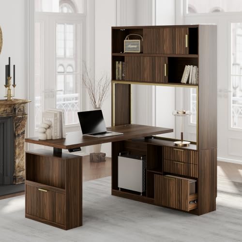 60'' L Shaped Standing Desk with Hutch, Black Walnut, view 2