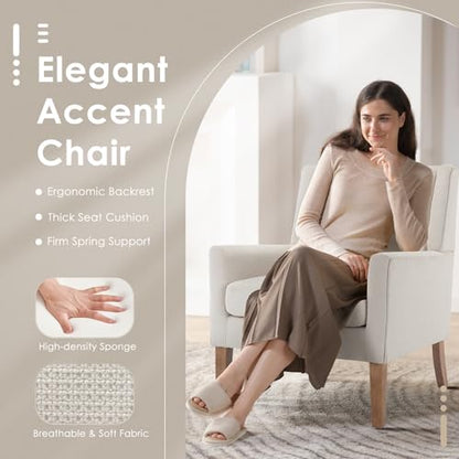 Modern Wingback Living Room Chair, Upholstered Fabric Accent Armchair, Single Sofa Chair with Lounge Seat and Wood Legs for Office/Bedroom/Reading Spaces, Beige