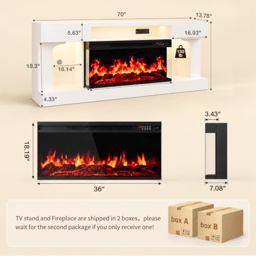 70" Modern Fireplace TV Stand,3-Sided Glass Electric Fireplace,White&Black, view 3
