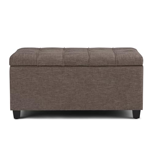 Sienna Storage Ottoman Bench - 33 inch Wide Upholstered Linen Look Fabric Rectangle Storage Ottoman Bench in Tanners Brown, Transitional Tufted Ottoman for Living Room with Lift Top