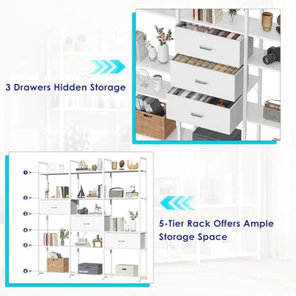 73.6" Tall Bookshelf with 3 Drawers and 16 Storage Shelves, Industrial Bookcase with 16 Open Display Shelves, Large Etagere Bookshelf, Triple Wide Book Shelf Book Case for Home & Office, White