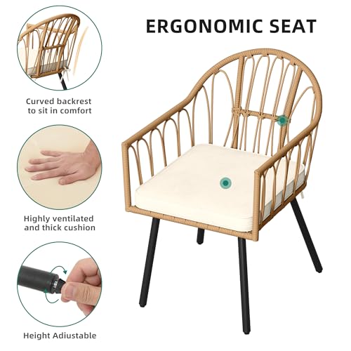 4 Pieces Rattan Wicker Dinning Chairs, Outdoor Indoor Patio Furniture Set with Cushion and Curved Back All Weather Bistro Chair for Garden Backyard Porch Poolside Restaurant (Beige)