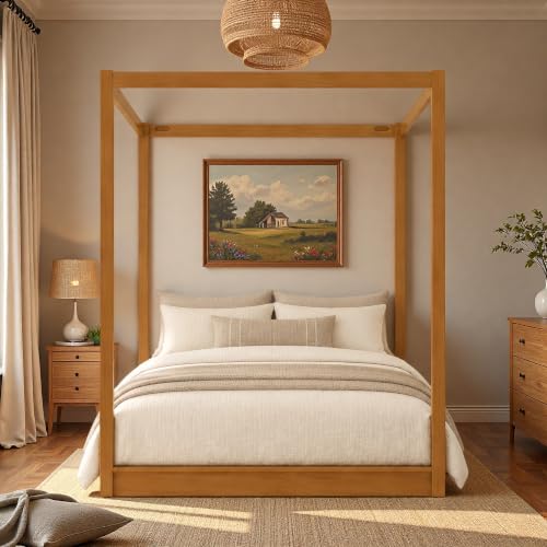 Queen Size Canopy Bed, Wood 4 Poster Floor Bed Frame with Wood Slats Support, view 2
