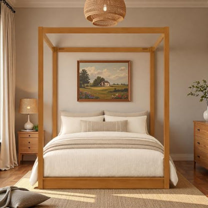 Queen Size Canopy Bed, Wood 4 Poster Floor Bed Frame with Wood Slats Support, view 2