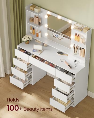 43.3-Inch Vanity Desk with Mirror and Lights, 9 Drawers, view 6