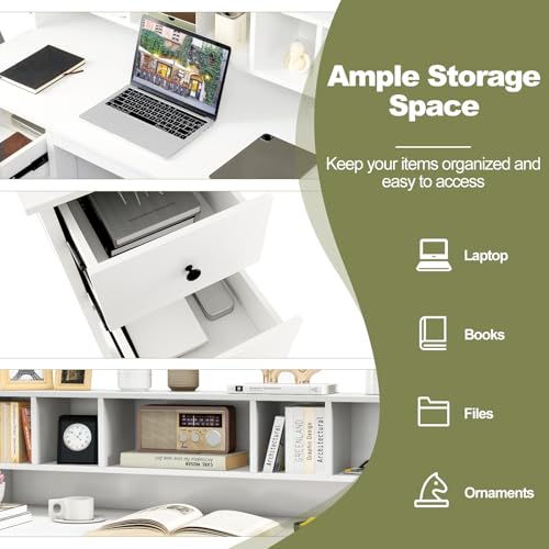 White Desk with Drawers & Hutch, Home Office Desk with Charging Station, view 7