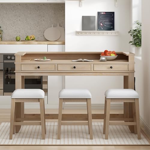 4 -Piece Farmhouse Dining Table Set with USB Charging/Drawers Wood Table with 3 Cushion Stool for Kitchen Dining Room Natural Wood Wash