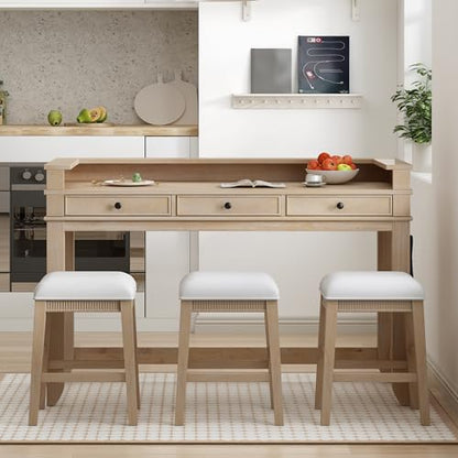 4 -Piece Farmhouse Dining Table Set with USB Charging/Drawers Wood Table with 3 Cushion Stool for Kitchen Dining Room Natural Wood Wash