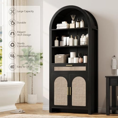 71.3" Tall Arched Bookshelf with Doors - 5 Tier Rattan Arched Bookcase, view 5