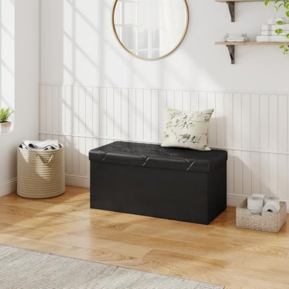 30 Inches Folding Ottoman with Storage Bench, Foot Rest Stool, End of Bed Storage Bench Upholstered, Load 660 lbs, for Living Room, Lychee Grain Leather, Black