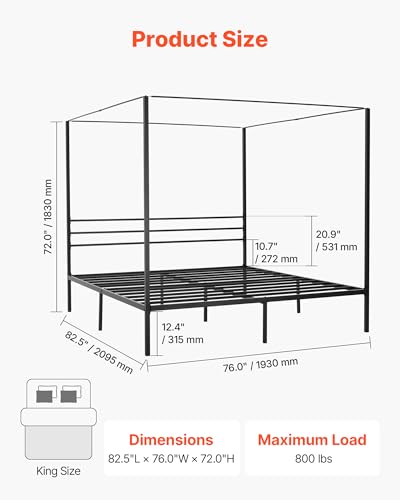 Canopy Bed Frame King Size, Metal Canopy Bed with Four Posters Design, view 4
