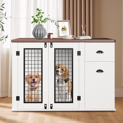 Elegant Wooden Dog Crate Furniture with Double Doors, Storage Drawers, view 6