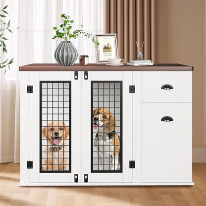 Elegant Wooden Dog Crate Furniture with Double Doors, Storage Drawers, view 6