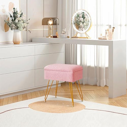 Vanity Stool with Storage, Sherpa Makeup Chair with Metal Legs, Upholstered Ottoman Seat for Bedroom, Living Room, Pink