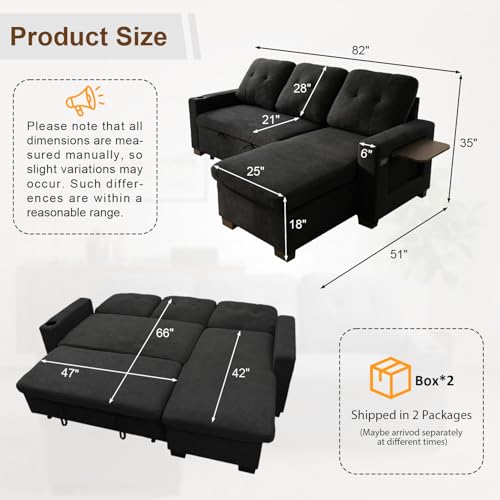 82" L Shaped Sleeper Sofa Bed, Pull Out Sectional Couch with Storage Chaise/Reclining Backrest, Sectional Couches for Living Room with USB Port, Foldable Table, Cup Holder, Side Pocket, Black