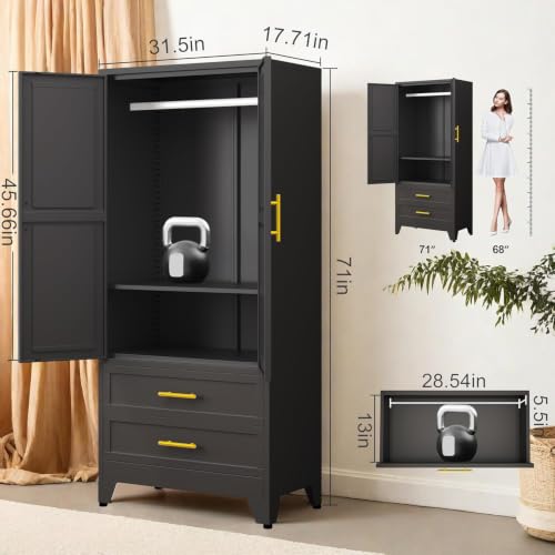 Metal Wardrobe Cabinet with 2 Drawers, 71" Clothing Storage Cabinets, view 3