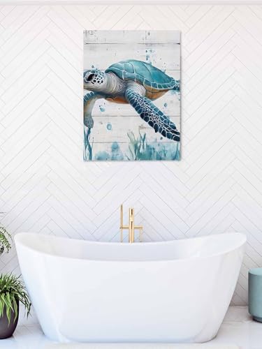 NuYeBiofx Ocean Blue Turtle Wood Grain Canvas Wall Art Prints,48"x32" Framed Picture Artwork Teal Marine Life Seaweed Printed Canvas Oil Painting for Living Room Bedroom Office,Ready to Hang