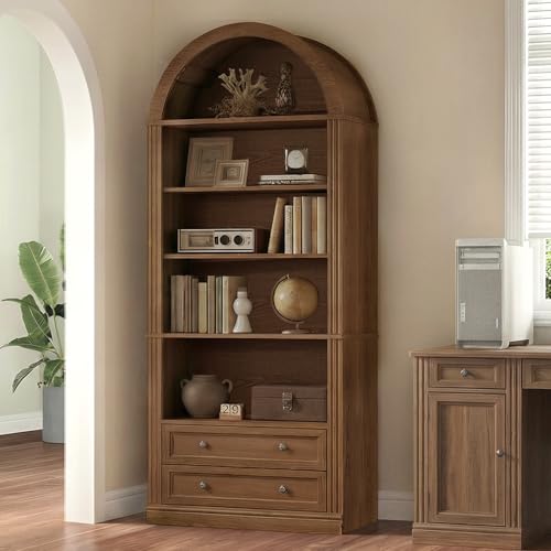 Farmhouse Arched Bookshelf, 7 Tiers Arch Bookcase with 2 Spacious Drawers, view 5